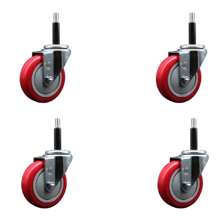 Service Caster 4'' SS Red Poly Wheel Swivel 3/4'' Expanding Stem Caster Set, 4PK SCC-SSEX20S414-PPUB-RED-34-4